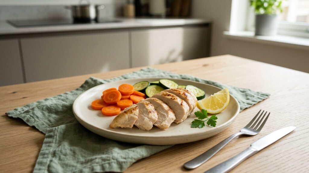 Can I eat chicken with pancreatitis? Skinless breast Phase 1, about 3.5 g per 100 g. Thigh and skin wait for Phase 2.
