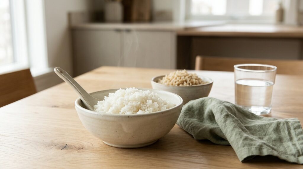Can I eat rice with pancreatitis? White rice Phase 1, brown rice Phase 2. About 0.4 g of fat a cup.