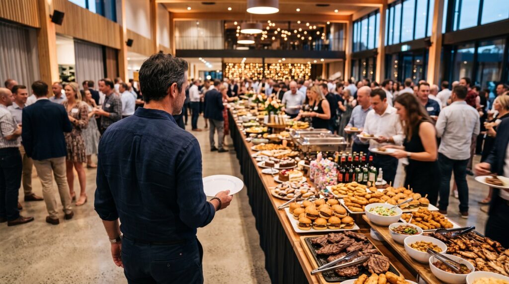 A man seen from behind holding an empty plate at a long party buffet in a crowded hall