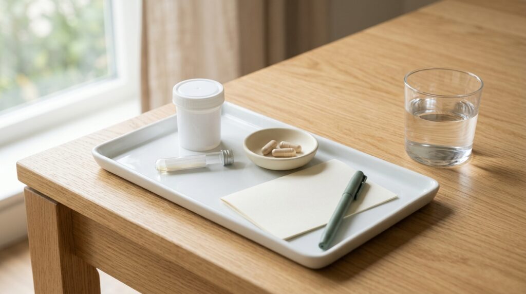 A closed specimen pot, a sample tube and a few capsules on a white tray beside a glass of water