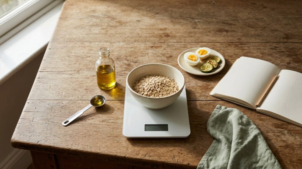A white kitchen scale with a bowl of rolled oats on a wooden table, next to a measuring teaspoon of olive oil, a small bottle of oil, a plate with a boiled egg and courgette slices, and an open notebook