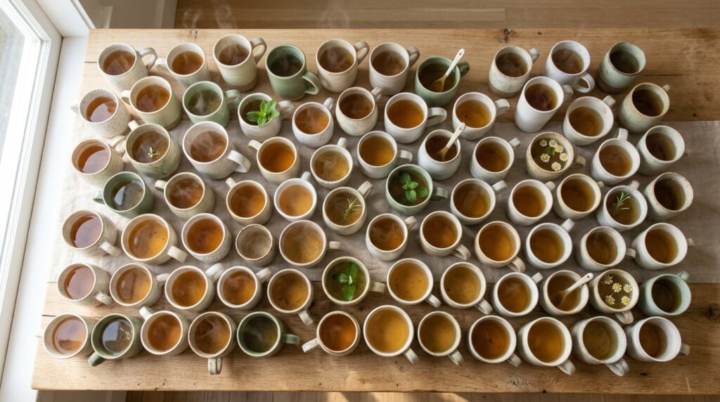 Dozens of different ceramic mugs of herbal tea crowded together on a long wooden table