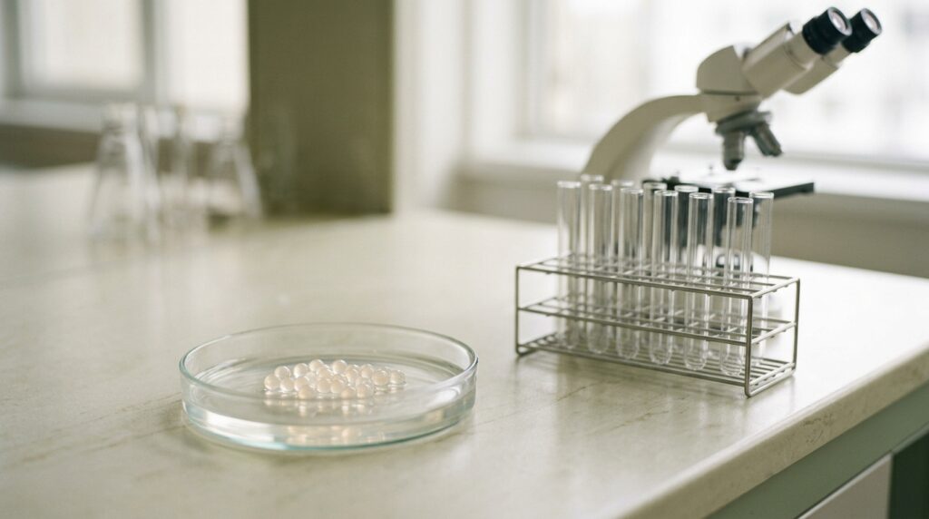 A glass petri dish with tiny pale cell clusters on a lab bench beside a microscope