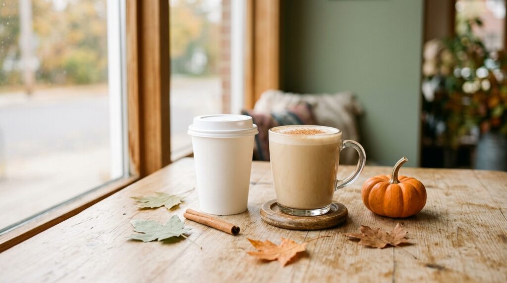 A plain takeaway cup and a glass of milky latte with cinnamon by a window, with a small pumpkin