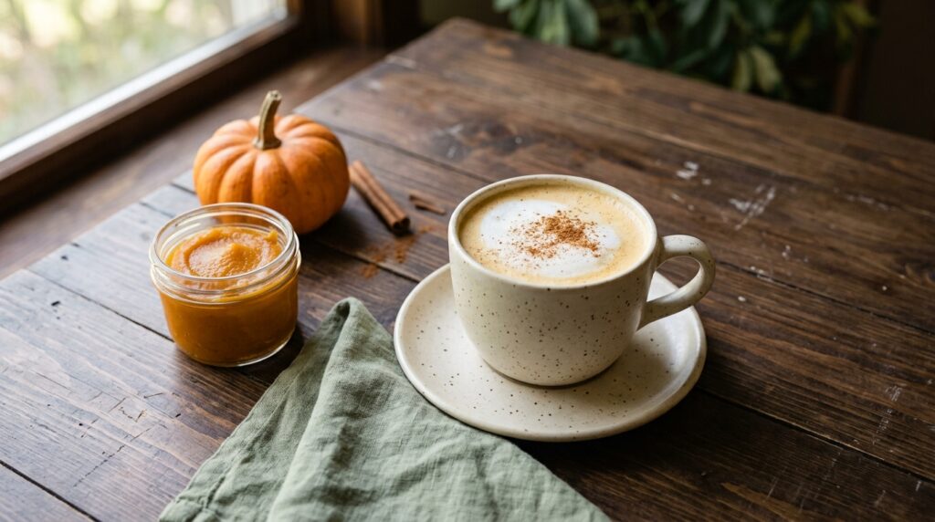 A mug of pumpkin spice steamer with cinnamon on the foam, a jar of pumpkin puree and a small pumpkin