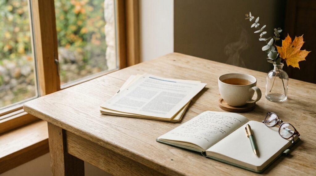A calm research desk with printed papers, a notebook and a cup of tea by an autumn window
