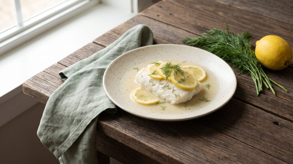 A steamed white cod fillet with lemon slices and fresh dill on a plate