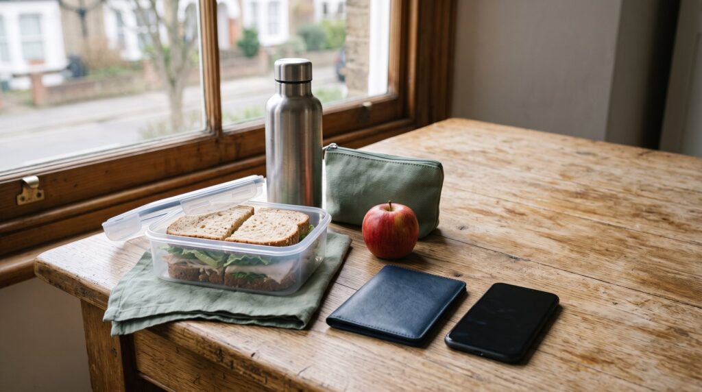 A sandwich in a lunch box, a water bottle, a small pouch, an apple, a passport and a phone on a table
