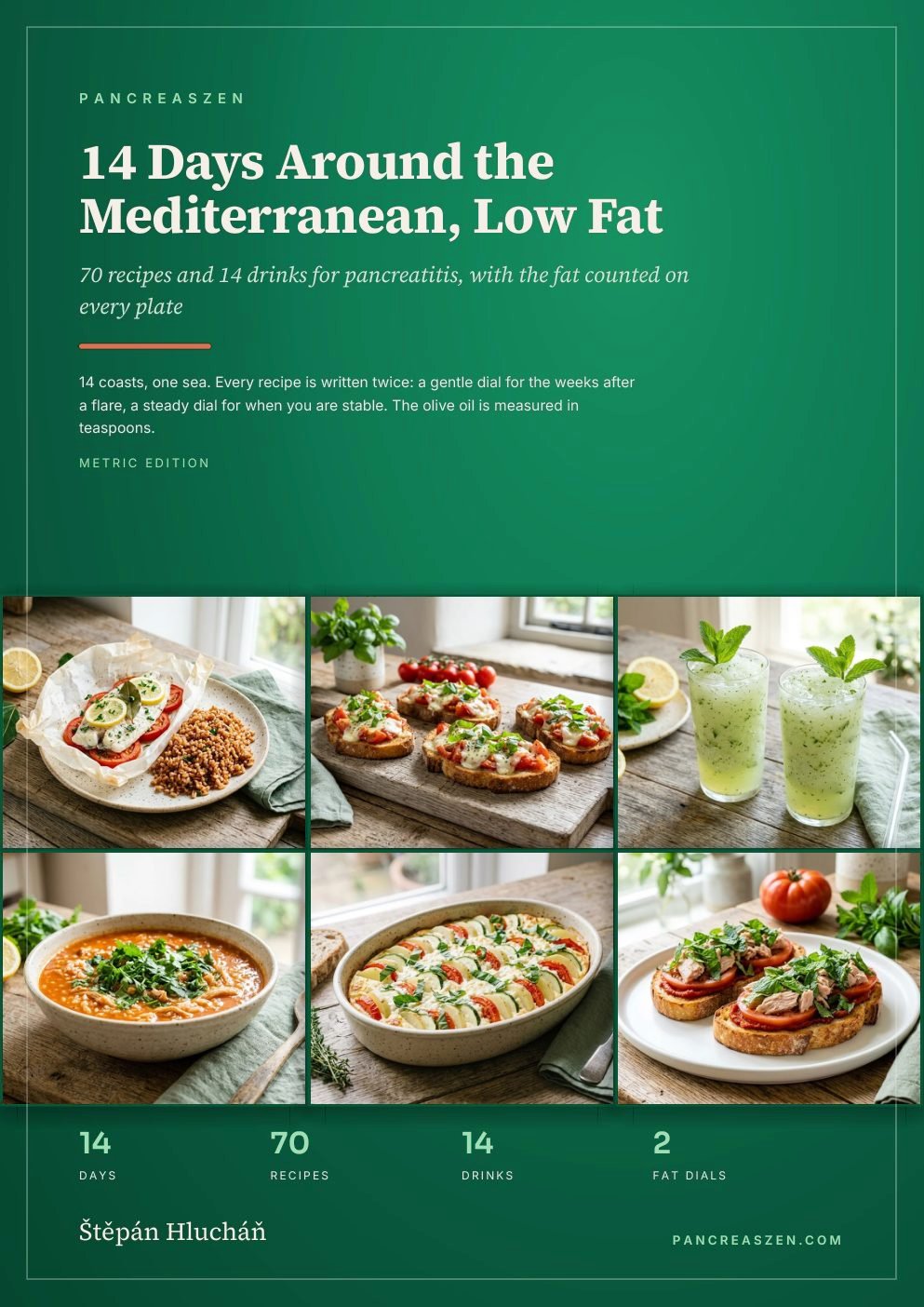 Cover of the cookbook 14 Days Around the Mediterranean, Low Fat, with 6 of its dishes