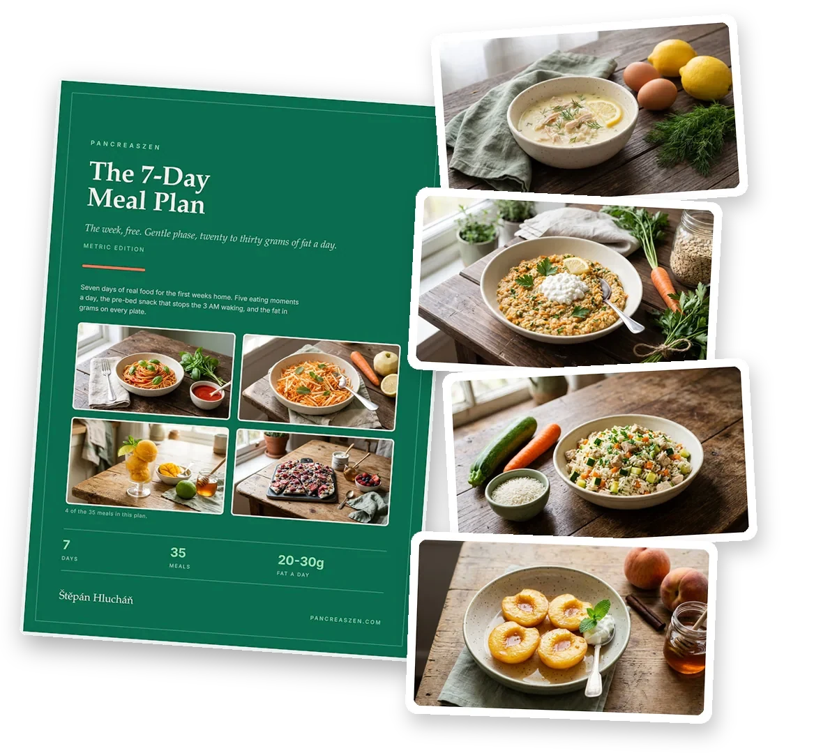 The free 7-day meal plan with 4 of its dishes: avgolemono, savoury oats with carrot, a turkey and courgette rice pot, and honey-poached peaches
