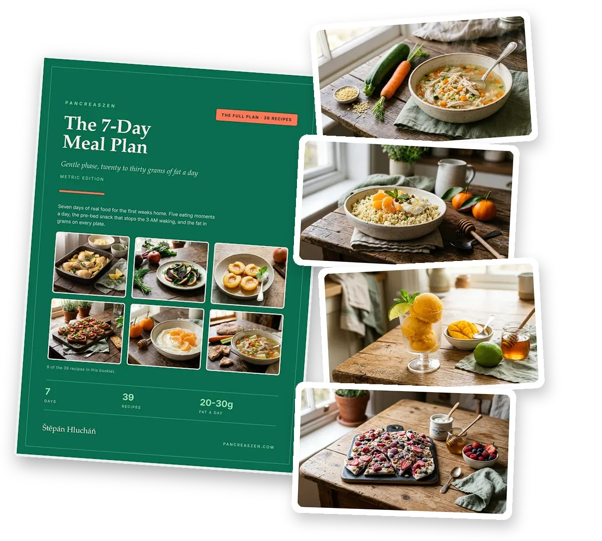 The 7-Day Meal Plan with 4 of its 39 recipes: chicken and courgette broth, a couscous breakfast bowl with mandarin, mango-lime sorbet, and frozen yogurt and berry bark